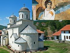 an old church with angel painted on the side and another photo of it's outside