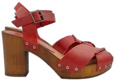 Red Summer Beach Clogs, Red Clogs For Beachwear In Summer, Casual Red High Heel Clogs, Red High Heel Casual Clogs, Casual Wooden Sandals For Summer, Red High Heel Sandals With Wooden Heel, Casual Open Toe Wooden Sandals, Red Open Toe Clogs With Wooden Heel, Casual Sandals With Wooden Heel