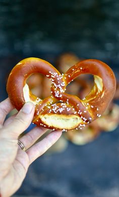 a hand holding a pretzel with sugar sprinkled on it