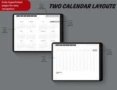 two calendar layouts displayed on tablet screens with caption in red and black text