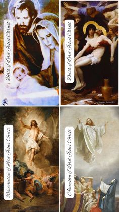 four different paintings with the names of jesus