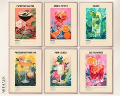 four framed art prints with different drinks and flowers on them, each featuring an orange drink