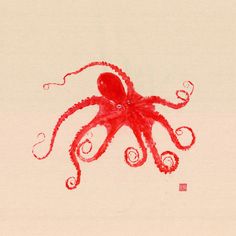 an octopus drawn in red ink on white paper