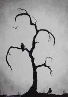 a drawing of a tree with a bird perched on it