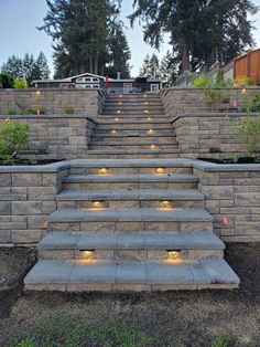 some steps with lights on them in front of a wall and grass area next to trees