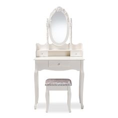 a white dressing table with a mirror and stool next to it on a white background