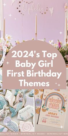 the top baby girl first birthday themes are shown in pink and blue, including cookies