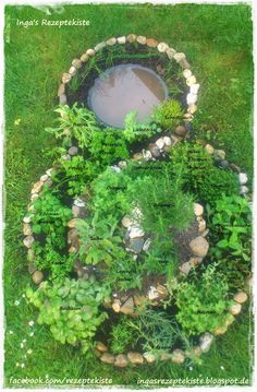 an aerial view of a garden with rocks and plants in the center, surrounded by green grass