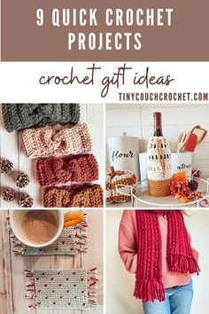 text at the top says "9 quick crochet projects gift ideas" followed by 4 photos of crochet items including crochet ear warmers, crochet coasters, a crochet scarf and a crochet wine bottle cozy Crochet Placemats, Tunisian Crochet Patterns, Crochet Stitches Guide, Linen Stitch, Herringbone Stitch, Quick Crochet Patterns