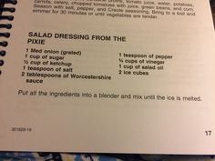 an open recipe book with instructions on how to make salad dressing from the pita