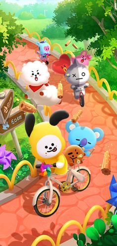 an animal crossing game with many animals on the road and people riding bikes in the background