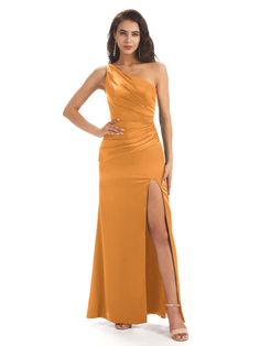 tangerine|maeve One-shoulder Stretch Satin Dress, Satin Stretch Maxi Dress For Prom, Stretch Satin Maxi Dress For Prom, One-shoulder Satin Maxi Dress With Sweep Train, Satin One Shoulder Dress With Sweep Train, Asymmetrical Neckline Satin Maxi Dress For Bridesmaids, Tangerine Bridesmaid Dresses, Marigold Bridesmaid Dress, Mermaid Bridesmaid