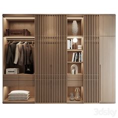 an open closet with clothes and shoes on shelves