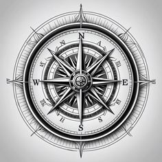 a black and white drawing of a compass