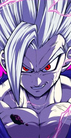 an anime character with white hair and red eyes, in front of purple lightnings