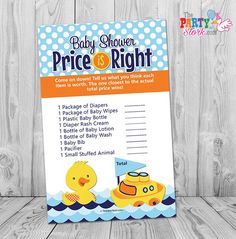 a baby shower price and right sign with rubber ducky in the water next to it