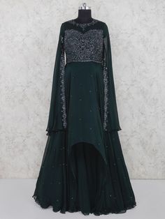 Dark Green Indian Outfit, Gown Latest Design, Green Indian Outfit, Gown For Party, Gowns Designs, Net Gown, Women Gown, Party Wear Frocks, Gown Green