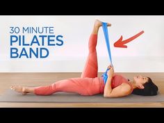 a woman doing an exercise on a yoga mat with the words 30 minute pilates band