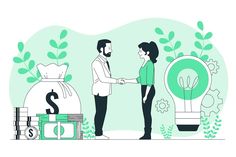 two people shaking hands in front of money bags and light bulbs with plants growing out of them