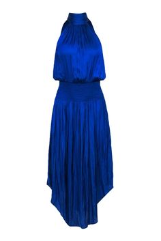 Be the belle of the ball in this Ramy Brook dress! The sleek royal blue satin hugs your silhouette, while the tie back keyhole adds an unexpected, yet sophisticated detail. Let your natural beauty shine - you don't need to over-accessorize, just throw on those heels and some silver jewelry and you'll be rsvp-ready! Size M 100% Polyester Unlined Pullover Neck tie closure Keyhole back Smocked waist Sleeveless Bust 36" Waist 25" Shoulder to hem 52" Satin Stretch Summer Formal Dress, Stretch Satin Formal Dress For Summer, Stretch Satin Summer Dress For Formal Occasions, Stretch Satin Formal Summer Dress, Summer Formal Stretch Satin Dress, Sleeveless Stretch Satin Dress For Formal Occasions, Summer Stretch Satin Halter Dress, Summer Sleeveless Satin Dress With Ruched Back, Sleeveless Stretch Satin Dress