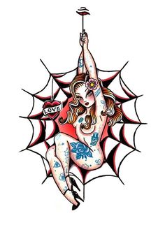 a drawing of a woman with tattoos on her body holding an umbrella in the air