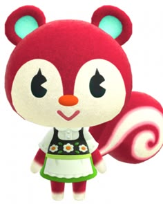 a red and white stuffed animal wearing a green dress with flowers on it's chest