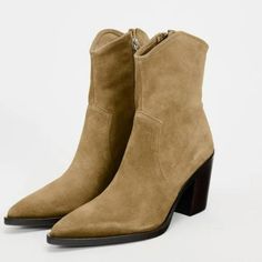 Leather Cowboy Ankle Boots.Block Heels. Pointed Toe. Heel Height: 3.1 Inches ( 8cm) Color: Sandy Brown Zara Boots With Stacked Block Heel, Zara Suede Heeled Boots With Pointed Toe, Zara Pointed Toe Suede Heeled Boots, Zara Suede Pointed Toe Heeled Boots, Chic Zara Suede Boots, Zara Ankle-high Suede Boots, Zara High Heel Suede Boots, Cowboy Ankle Boots, Zara Heels