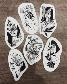 six stickers with images of people and flowers on them, all in black and white