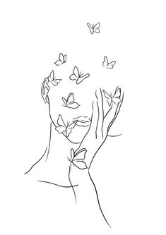 a black and white drawing of a woman with butterflies in her hair, holding her hands up to her face