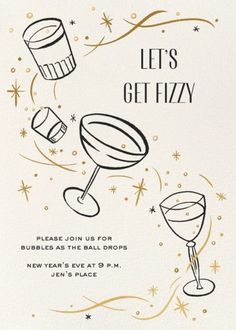 a white card with black and gold lettering that says let's get fizzy