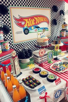 a hot wheels themed birthday party with food and drinks