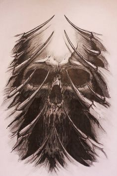 a drawing of a skull with feathers on it