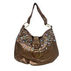 -Metallic Bronze Genuine Leather Hobo Bag -Jeweled Embellishment -Bronze Studded Detail -Bridge Snap Magnetic Closure -Black Cotton Lining With Zipper Pocket And Slip Pocket Inside -New With Tags -11 H X 9 L X 6 D With 12 Inch Strap 90s Shoulder Bag, Uni Room, Tooled Leather Bag, Embossed Bag, Embroidered Handbag, Gorgeous Outfits, Italian Leather Bags, Metallic Purse, Straw Handbags