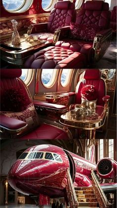 the inside of an airplane with red leather seats and gold trimmings on it