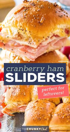 cranberry ham sliders stacked on top of each other with text overlay