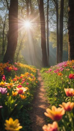 the sun shines brightly through the trees and flowers on this path in the woods