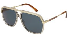 Gucci Web sunglasses model GG0200S rectangular metal frame color code 004 shiny transparent mud and endura gold with gold temple and solid blue lens. Black Gold Sunglasses, Grey Palette, Burberry Eyewear, Gucci Glasses, Blue Lens, Gucci Eyewear, Versace Sunglasses, Lettering Logo, Buy Gucci