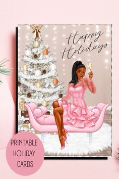 a pink christmas card with a woman sitting on a couch in front of a tree