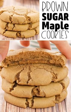 a stack of brown sugar maple cookies on top of a wooden table with text overlay