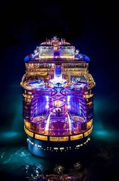 an aerial view of a cruise ship at night