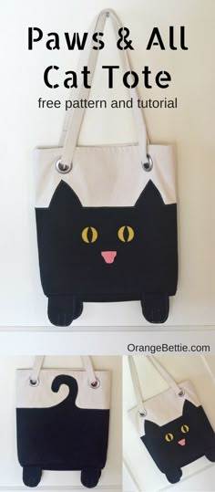 a black and white cat purse with yellow eyes on the front, two images show how to make it