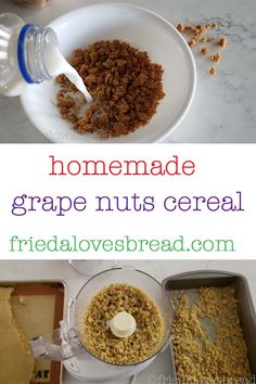 ingredients for homemade grape nuts cereal in a bowl and on a counter top with the words, homemade grape nuts cereal