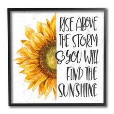 a sunflower with the words rise above the storm and you will find the sunshine