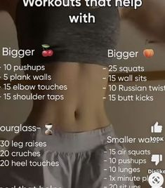 a woman's waist with the words, workouts that help with bigger