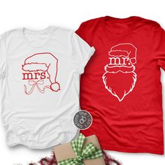 Christmas Themed Mr. and Mrs. Relaxed Fit Tee for Him and Her /// #beforetheidos #mrandmrs #Santa #ourfirstChristmas #asmrandmrs #Christmas #Christmaspjs #pajamas Funny Print T-shirt For Christmas Gift, Funny Christmas Pre-shrunk Tops, Funny Christmas Holiday Tops, White Casual Christmas Shirt, Red Holiday Shirt For Gift, Holiday Red Shirt As Gift, Red Holiday Shirt Gift, Holiday White Pre-shrunk T-shirt, Festive Holiday Cotton Tops