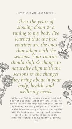 winter can feel extra hard on your mind and body. Aches and pains become more pronounced, the cold can be an extra layer of exhaustion, and the lack of daylight has a tendency to affect our mood and immunity… It’s so important at any time of year to have a routine that helps you not only feel and stay healthy, but also gets you excited to start the day & means that you approach every day with the best mindset, energy, and intention possible. Here are some of my winter wellness habits Living Seasonally, Solstice Winter, Winter Routine, Best Mindset, Yoga Words, Zen Aesthetic, Body Aches, Winter Wellness, Wellness Habits