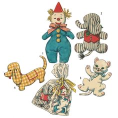 four stuffed animals and one doll are shown