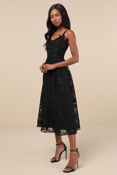 Take the top spot in that special someone's heart when you wear the Lulus Flirtatious Crush Black Burnout Pleated Bow Midi Dress! Lightweight woven fabric boasts a chic burnout floral design as it shapes adjustable spaghetti straps and a fitted bodice with a subtle sweetheart neckline and darling bow accents. Fitted waist tops a flaring skirt with box pleats for volume and a midi hem that completes the look. Hidden zipper/clasp at back. Fit: This garment fits true to size. Length: Mid-calf lengt Winter Wedding Guests, Pleated Midi Dress, Box Pleats, Strapless Bra, Dress 100, Fitted Bodice, Dress With Bow, Sweetheart Neckline, Mid Calf