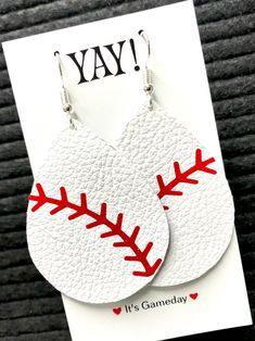 "PLEASE READ: **FREE SHIPPING on orders of $35+ **Ships 2-5 days from order date. These earrings are perfect to coordinate with your BlingirlSpirit hat! Description: **Genuine white leather with red stitch design **Approximately 2\" in length (2 3/4 with the hook) Hook available in base metal or sterling silver (you choose when you order)! Will ship in a baggie or gift boxed if you choose to do that! Want to add a hat? Please do! If you let me know which hat you would like to add please let me k Handmade White Leather Earrings, White Leather Earrings For Gift, White Leather Earrings Gift, White Leather Earrings As A Gift, Nifty Crafts, Baseball Earrings, Number Gifts, Painted Earrings, Mom And Grandma