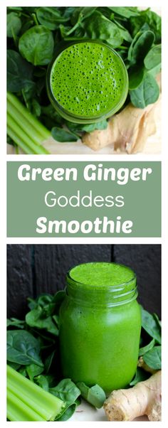 green ginger goddess smoothie in a mason jar next to some fresh vegetables and greens